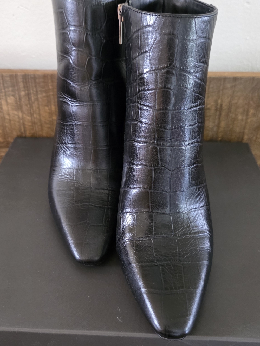 Vince Camuto Black Croc-Embossed Pointed Ankle Booties